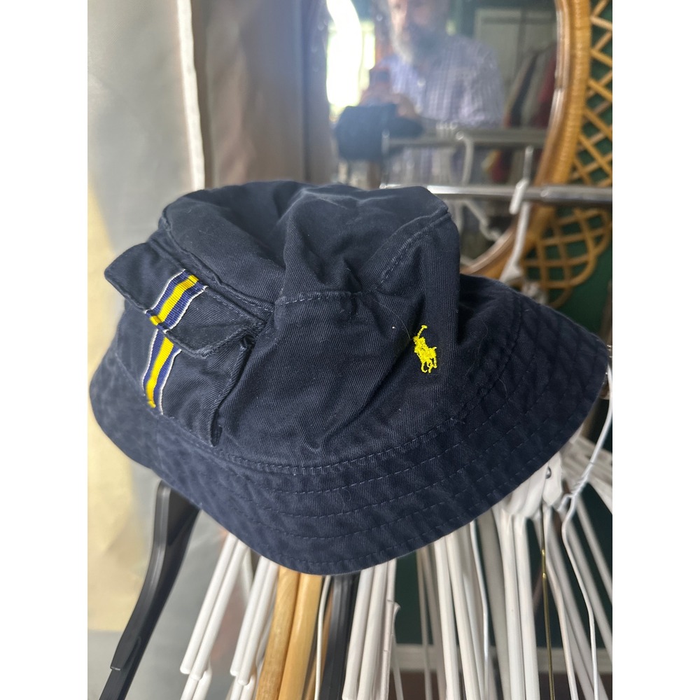 Polo Ralph Lauren Kids Navy Blue Cotton Bucket Hat with Side Pocket Yellow Pony